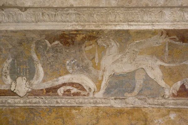 Italy, Pompeii Fresco details in the Forum Baths
